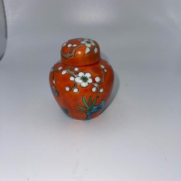 Orange cherry blossom bird floral ginger jar 3” hand painted - Picture 3 of 6